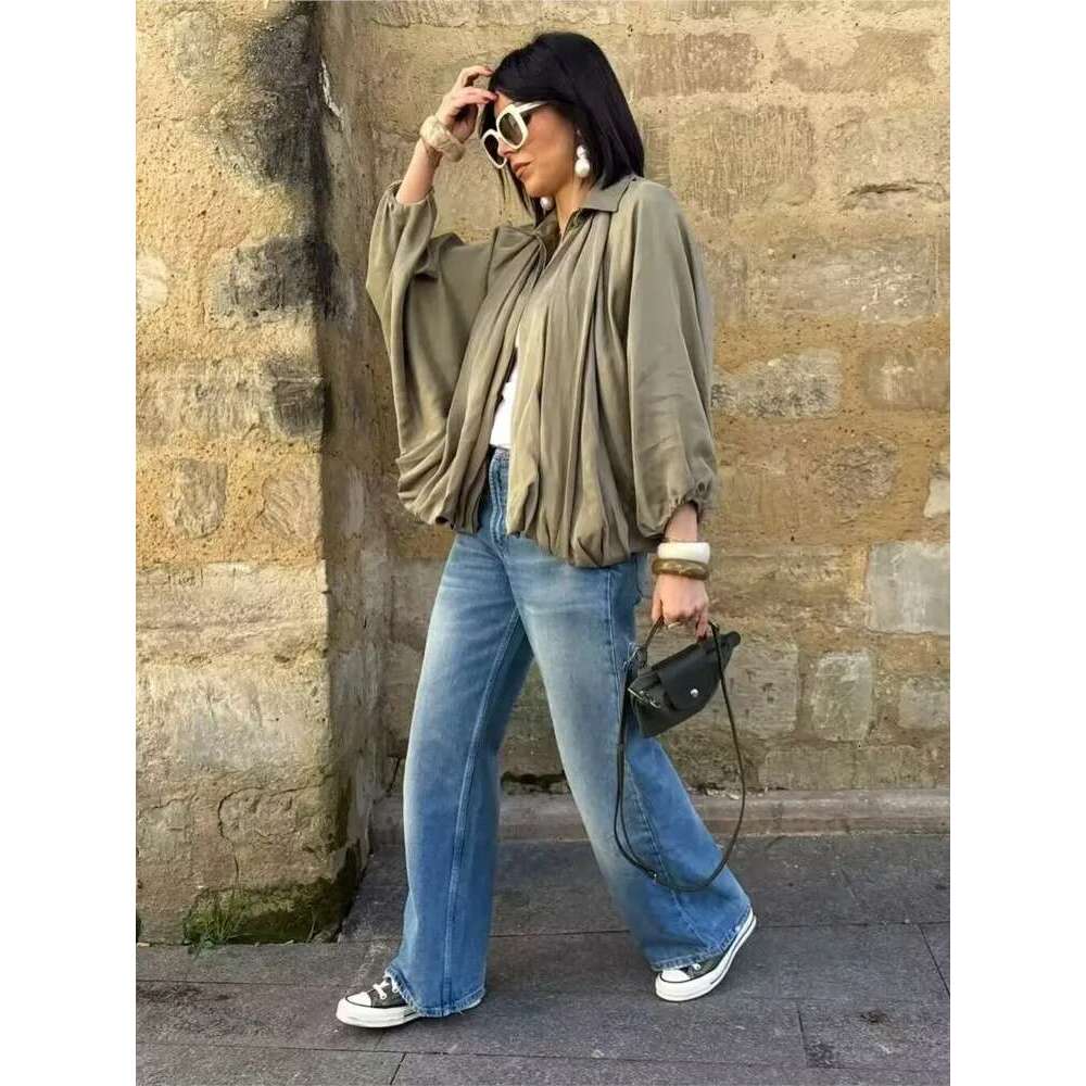 Hipseam Satin Bomber Jacket Women Spring Pleated Zipper Long Sleeve Women's Coat Casual Female Jackets