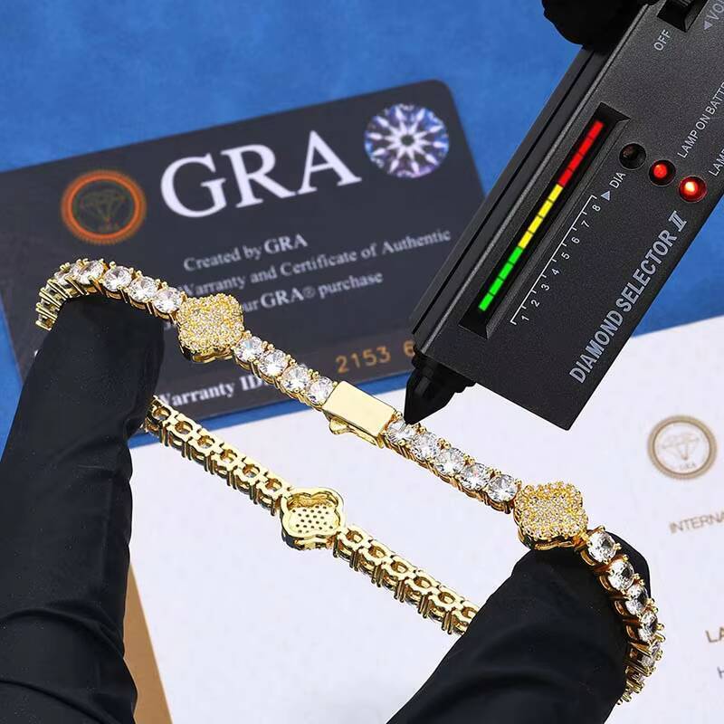 925 Silver Iced Out Tennis Chain VVS Tennis Chain Moissanite 925 SIlver Four Leaf Flower Chain with GRA Certificate