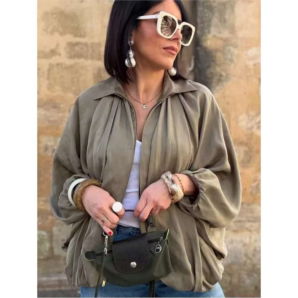 Hipseam Satin Bomber Jacket Women Spring Pleated Zipper Long Sleeve Women's Coat Casual Female Jackets