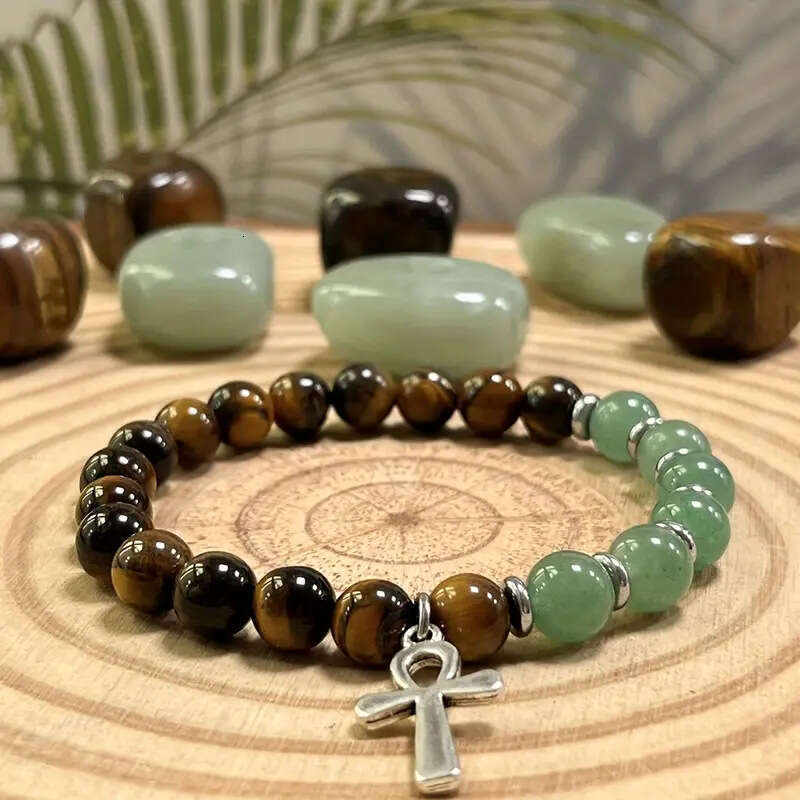 Temu Xiyin TK Tiger Eye Stone&Green Sandstone Cross Bracelet