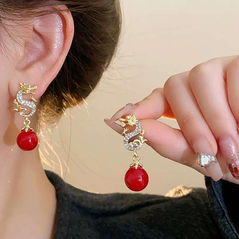 Rhinestone Chinese Earrings For Women Temperament Pearl Drop Earring 2024 Festive New Year Dragon Jewelry