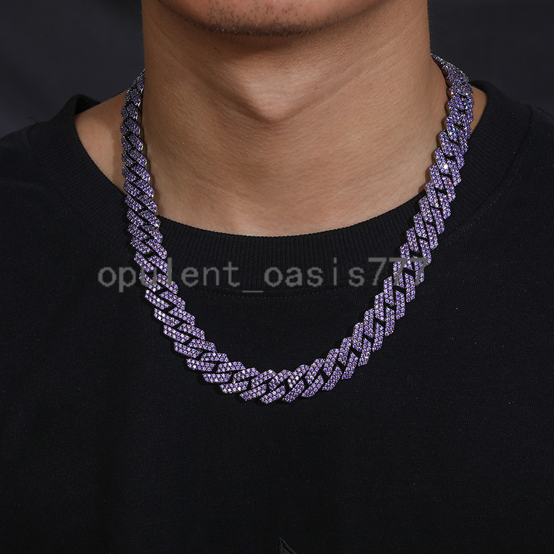 Hip Hop Jewelry 14mm Black Gold Plated Brass Metal Purple moissanite Diamond Iced Out Cuban Link Chain Necklace for Men
