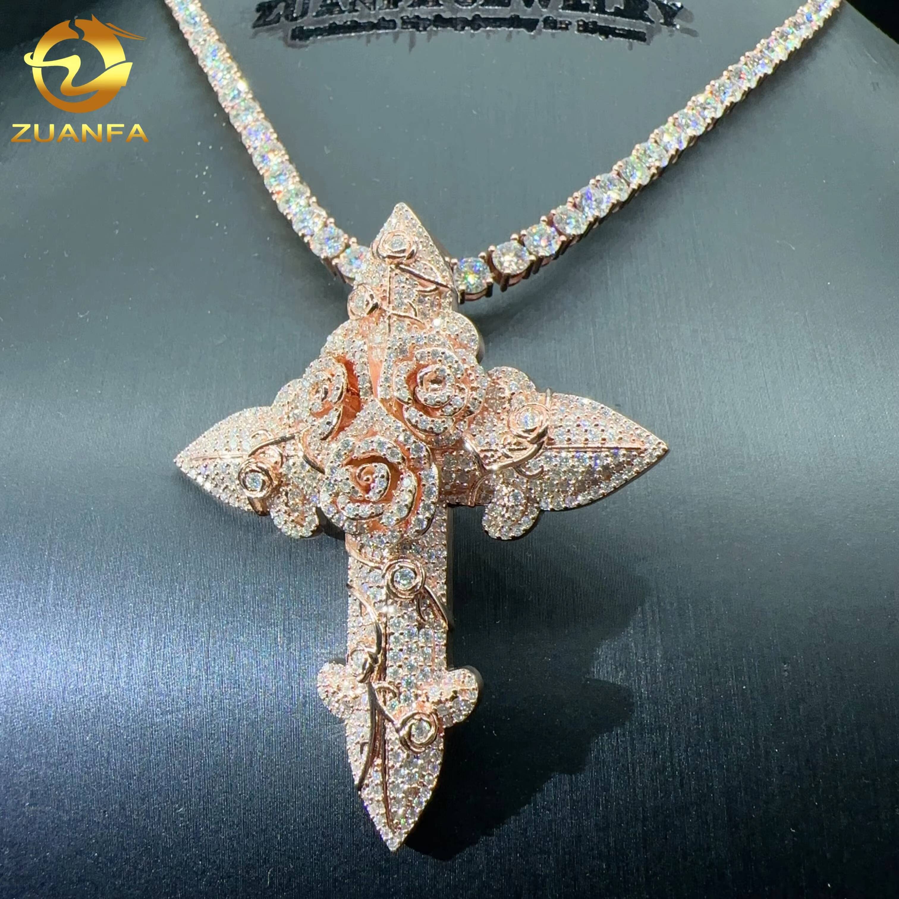 Custom Tennis Chain Pendant Sterling Silver 925 Vvs Moissanite Hip Hop Iced Out Jewelry Fashion Cross Pendant