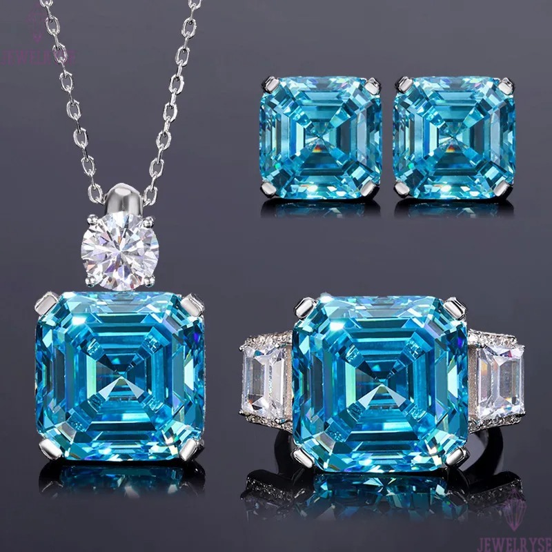 Choucong Top Sell Wedding Jewelry Sets Ladies Luxury Real 100% 925 Sterling Silver Asscher Cut Large Aquamarine Moissanite Diamond Stud Earring Women 