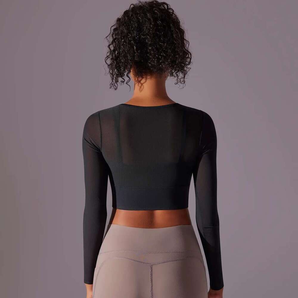 Women Padded Long Sleeve Crop Tops Running Shirts Workout Gym Top Sports Sexy Mesh Yoga Shirt