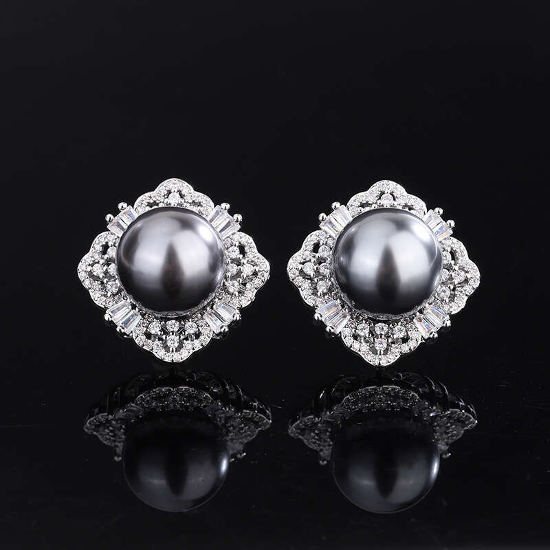 Zhuang Shengsheng Jewelry Copper Bottom Gold Plated With Mother Of Pearl And Dia, Luxurious Grey Pearl Set 14Mm 16Mm