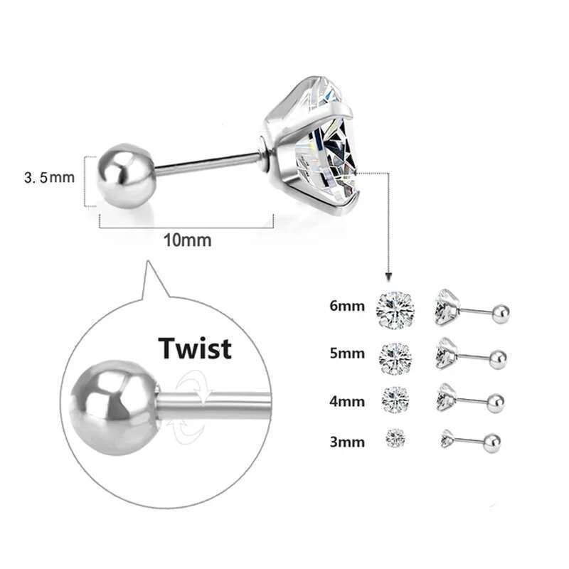 1Pair Sterling Sier Bead Screw Stud Earrings For Women Men Simple 3-6Mm Round Cubic Zirconia Ear Body Piercing Jewelry