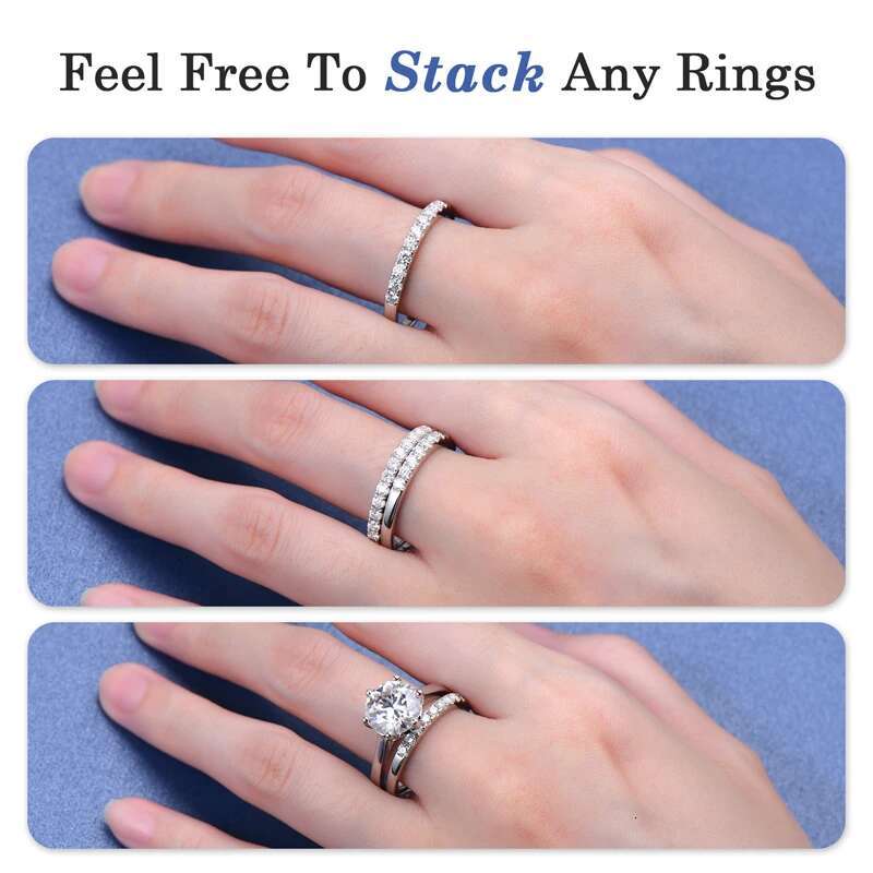 ANZIW 2 Carat All Moissanite Ring Bridal Sets Silver 925 Solitaire Engagement Wedding Rings Stackable Eternity Bands for Women