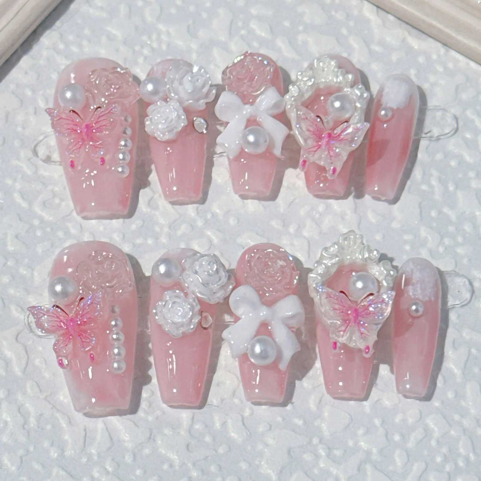 10 pieces/1 set of powder blusher pressed nails with bow knot chip anti stain false nails for stage performance wearing S/M/L DIY nails H25429