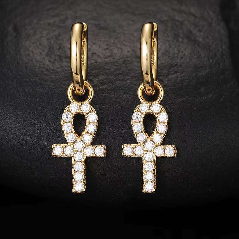 S925 Silver D Color Moissanite Earrings Simple Key Cross Versatile Gold Plated Small Earrings Elegant With Unique Design