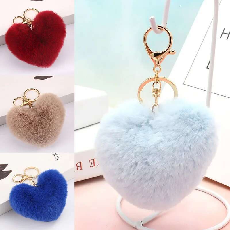 Large Heart Pompom Key Chain For Women Rainbow Plush Ball Keychain Car Bag Pendant Fashion Jewelry Fluffy Love Pompons Keyring