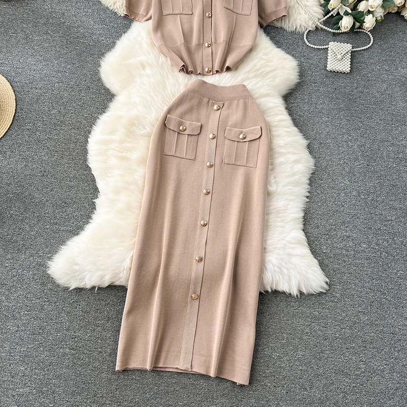 Heliar Elegant Knitted Two Piece Womens Short sleeved Top and Skirt Set with Buttons Summer Solid 250530
