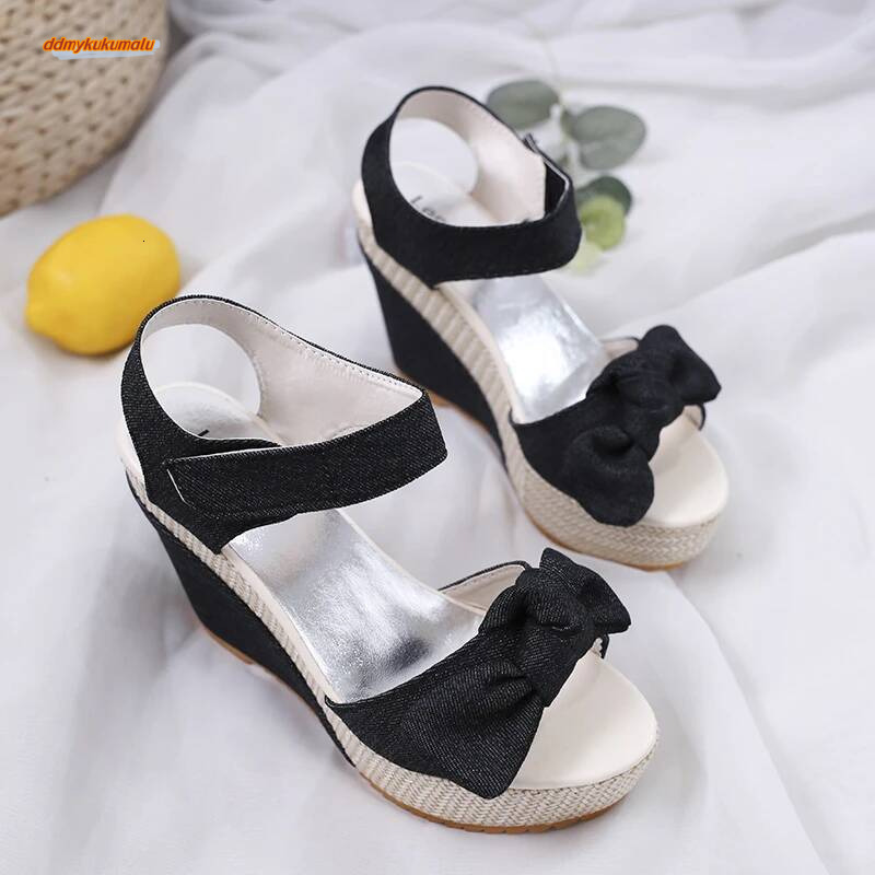 Brand New Ladies Platform Denim Fashion Bow Mixed Colors Wedges High Heels Women's Sandals Casual Party Woman Shoes ddmykukumalu