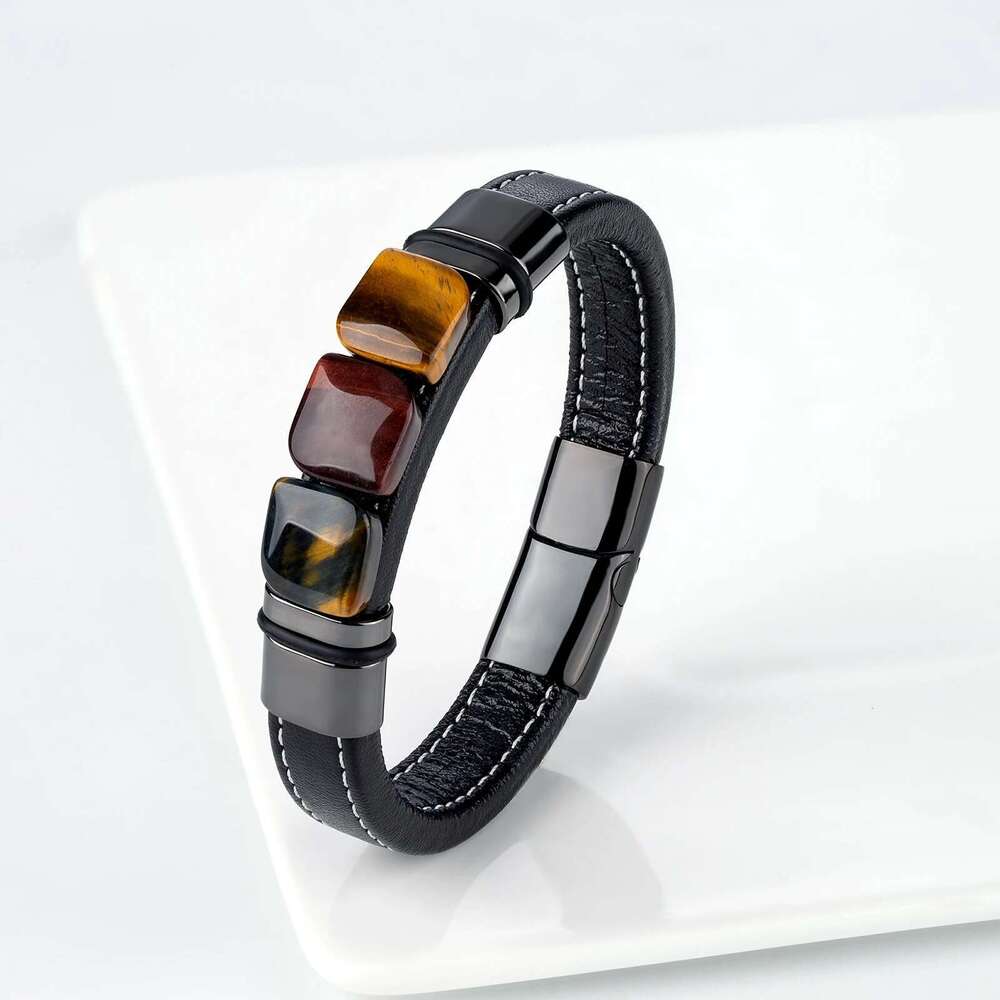 New Multi Color 3 Square Natural Old Tiger Eye Vintage Charm Wide Leather Rope Men's Stainless Steel Bracelet Jewelry