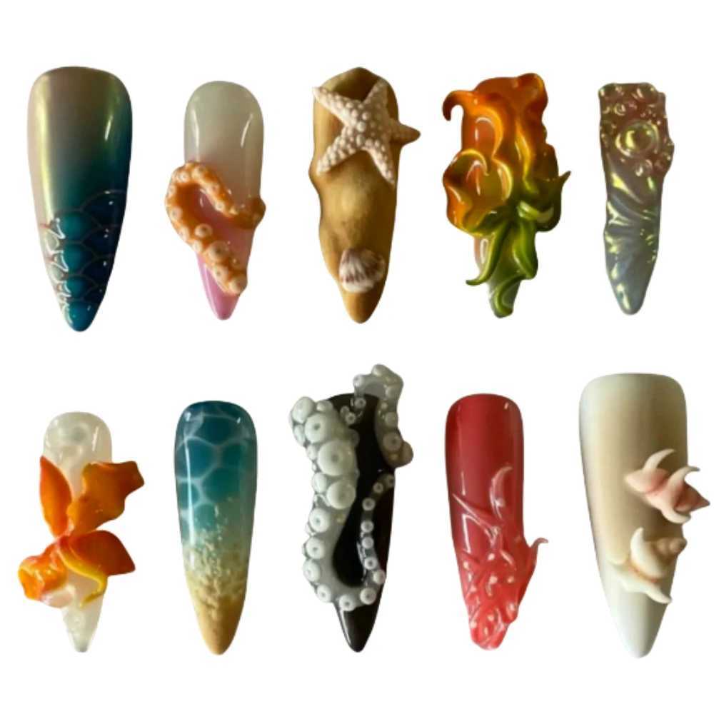 10 piece handmade full set pressing girls nails 3D star style almond pattern ABS material nail art Sn strap set H25429