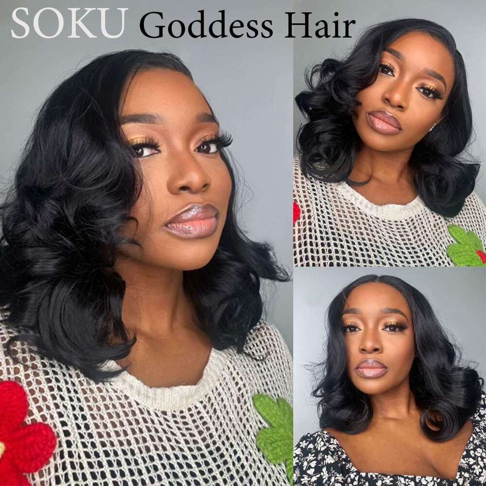 SOKU 13X6 Body Wave Layered, 18 Inch Short Wavy Glueless Pre Plucked, Natural Black Synthetic Lace Front Wigs for Women, Ready to Wear with Tiny Knots