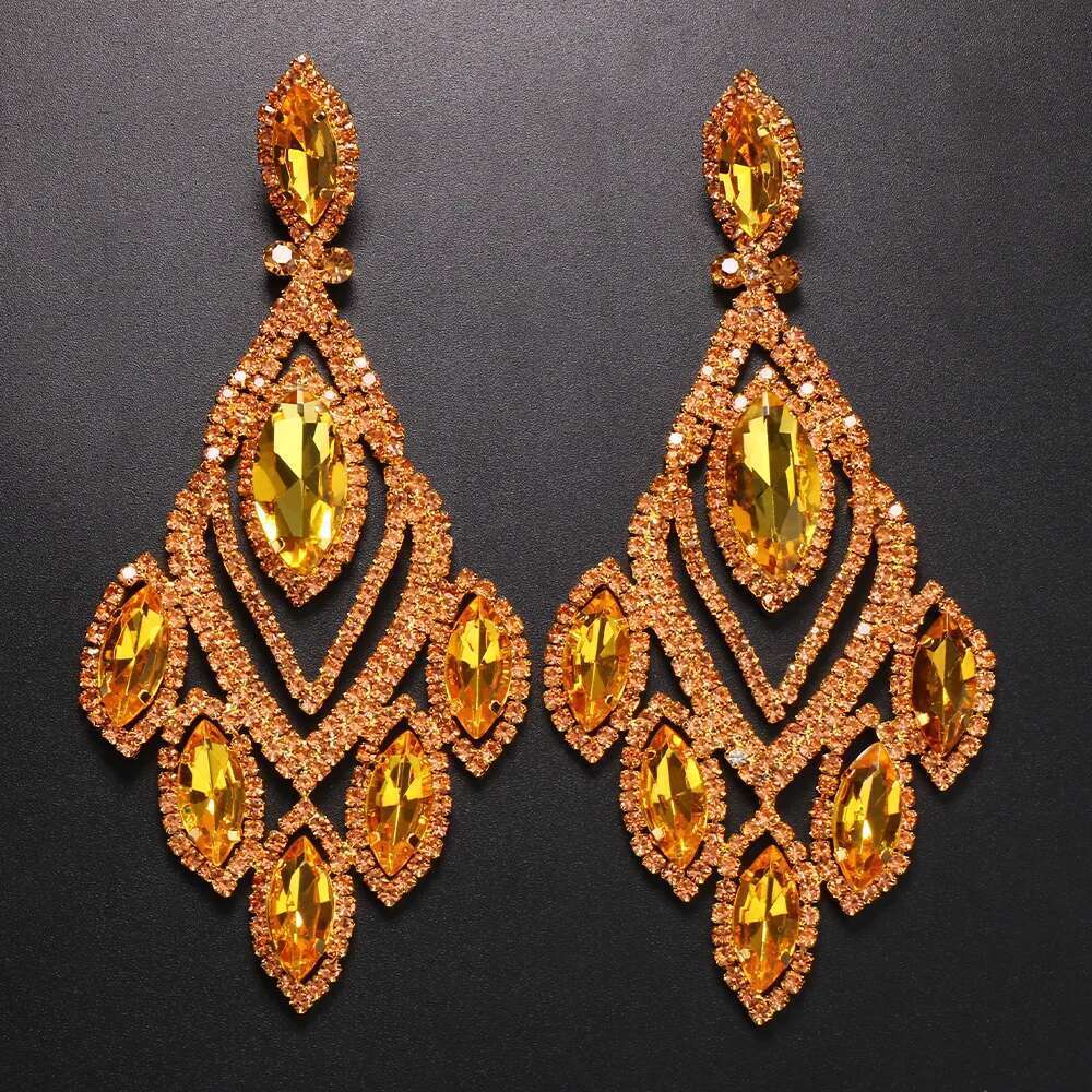 Exotic Orange Large Dangle For Women Pendant Exaggerated Rhinestone Earrings Crystal Drop Statement Accessories