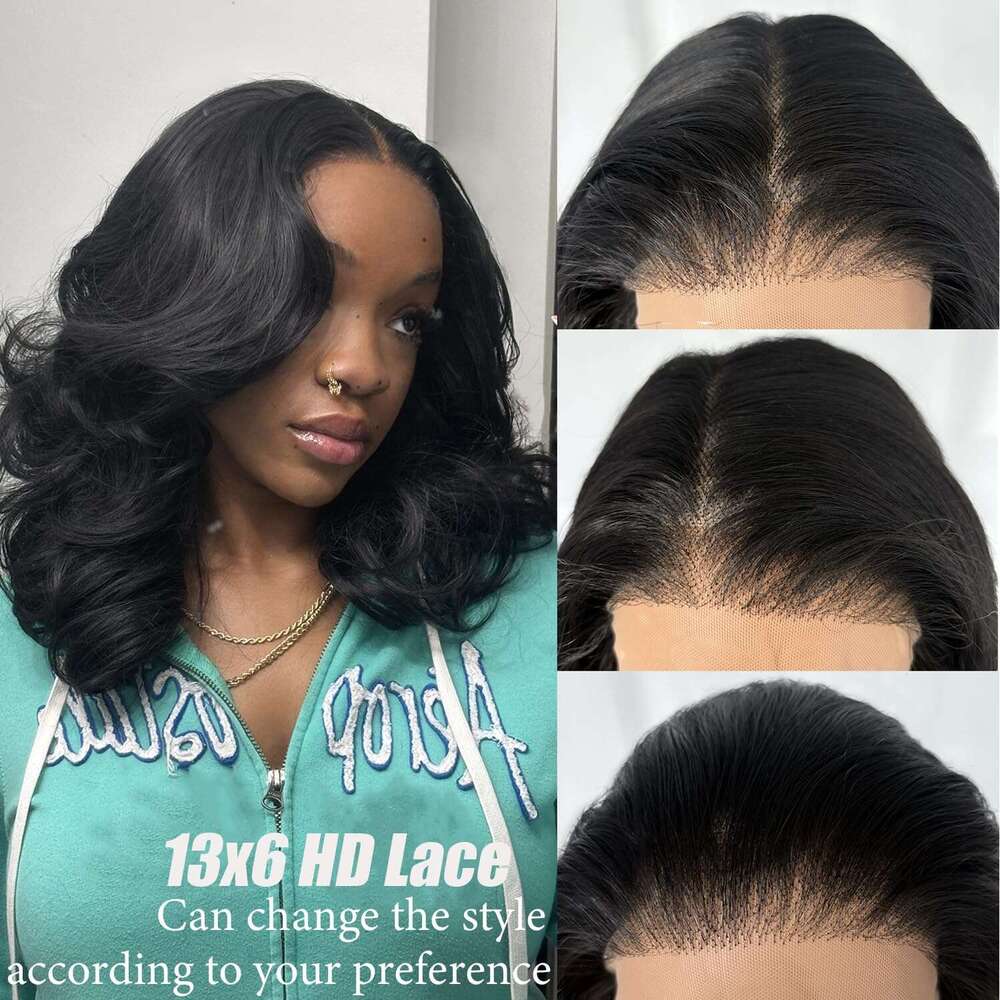 SOKU 13X6 Body Wave Layered, 18 Inch Short Wavy Glueless Pre Plucked, Natural Black Synthetic Lace Front Wigs for Women, Ready to Wear with Tiny Knots