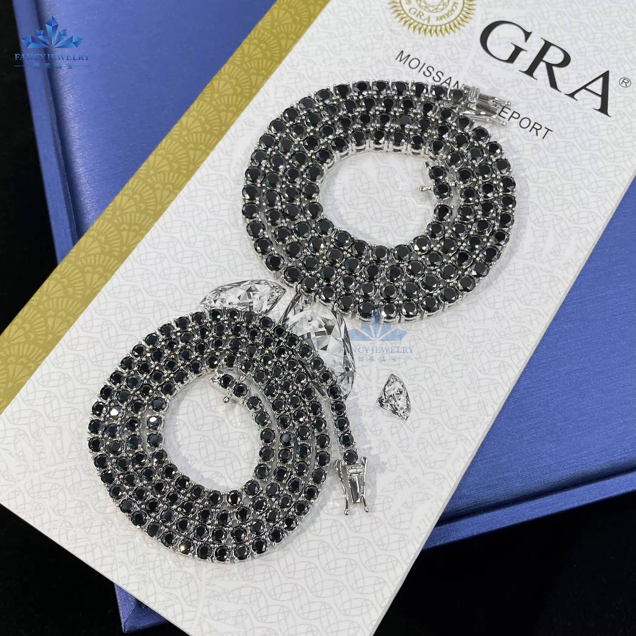Hiphop Style S925 Tennis Chain Bracelet and Necklace Round Cut Black Color Moissanite Diamond Certified by GRA