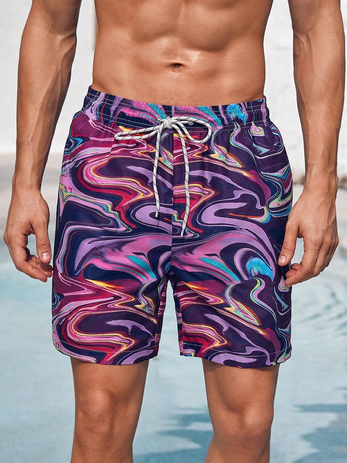 Men's Marble Print Drawstring Waist Beach Board Shorts Swim Trunks with Pocket Swimwear