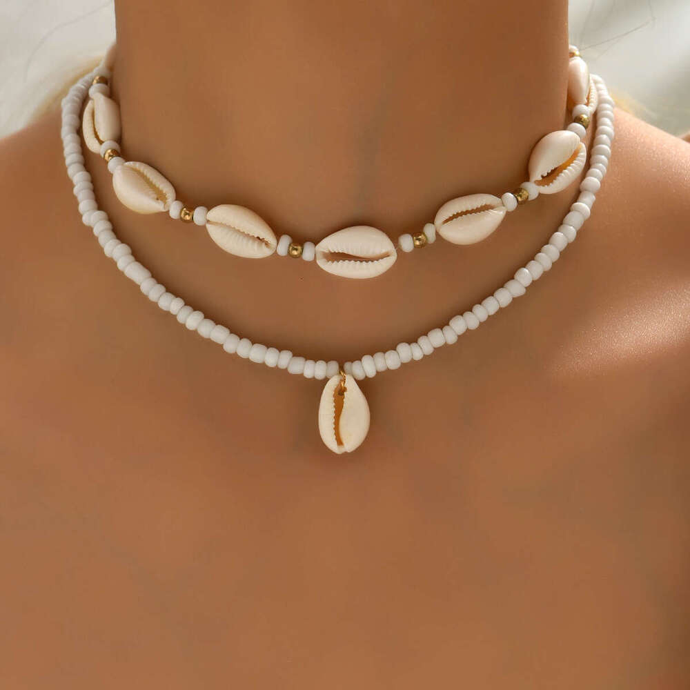 Xiang decoration beach vacation style shell pendant necklace, hand woven rice beads, double-layer stacked collarbone chain