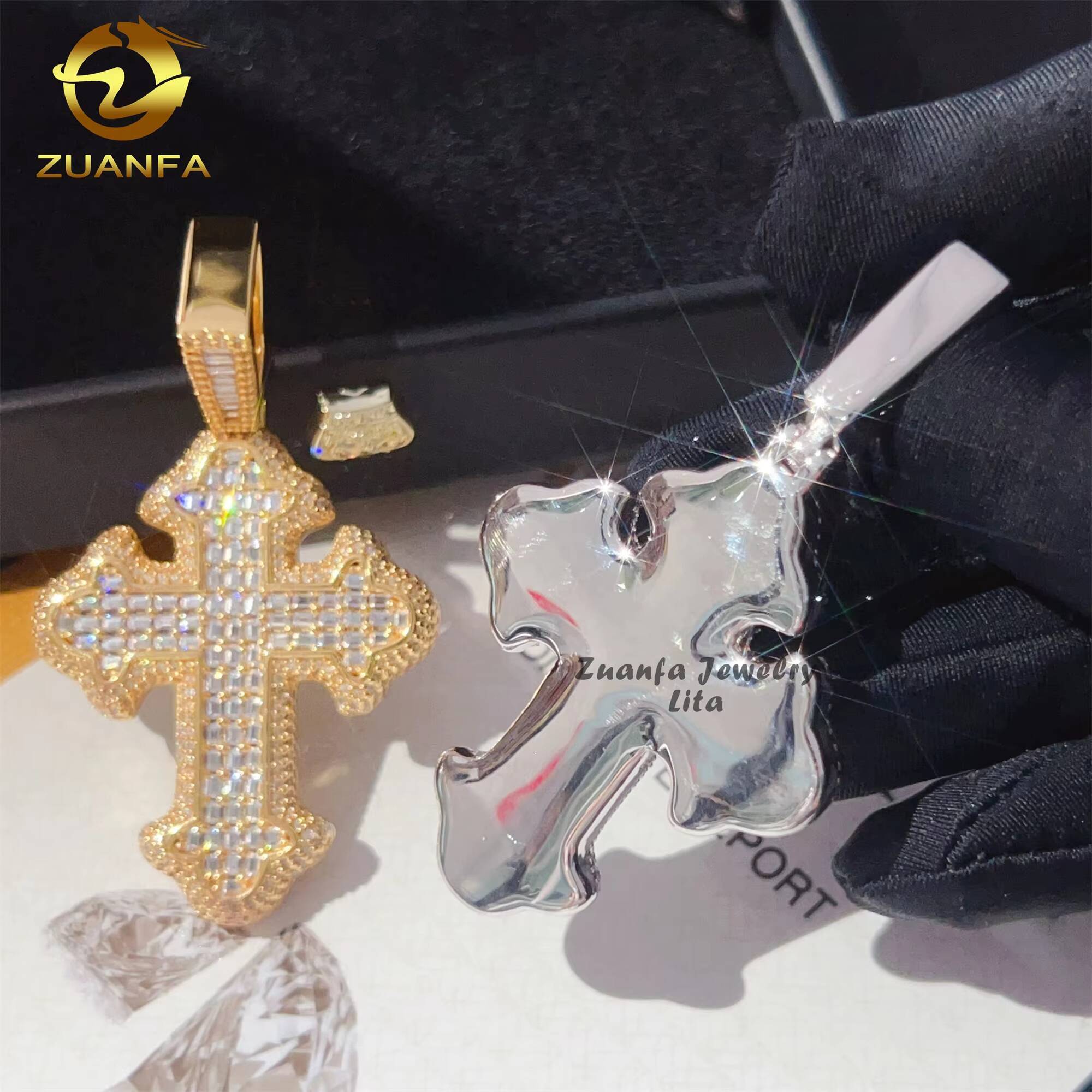 High Quality Bling Charm 925 Sterling Silver Baguette VVS Moissanite Diamond Cross Pendant for Necklace