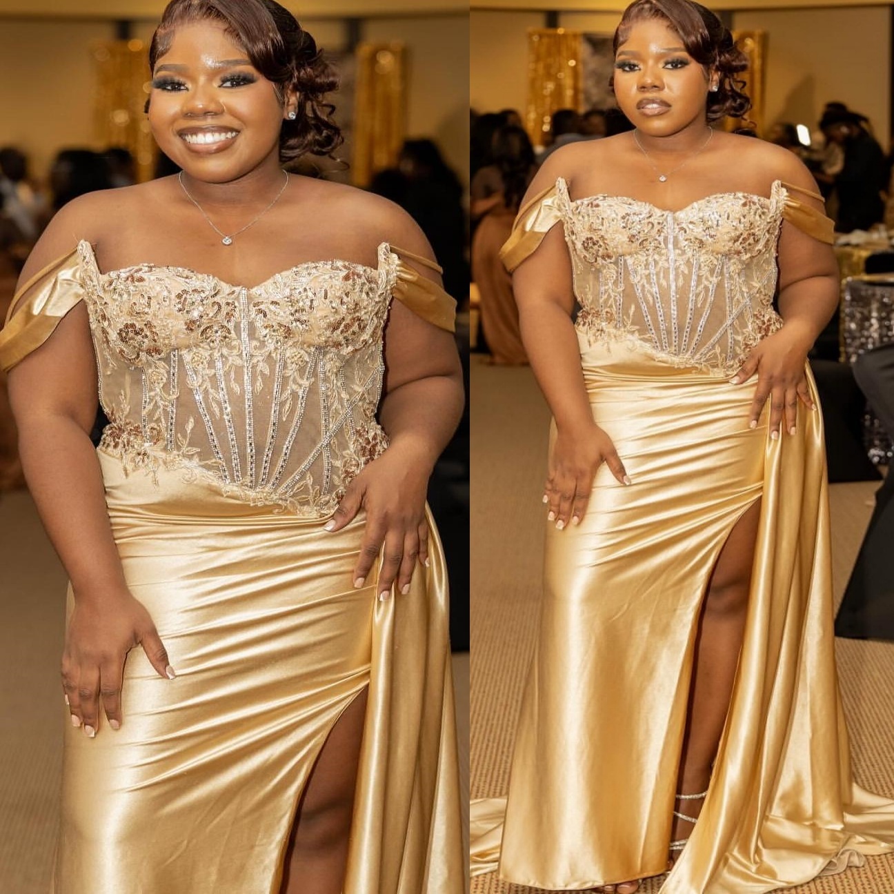 Sheath Champagne Plus Size Prom Dresses 2025 Lace Beaded Satin High Split Evening Formal Party Second Birthday Engagement Gowns Dress For Special Occa
