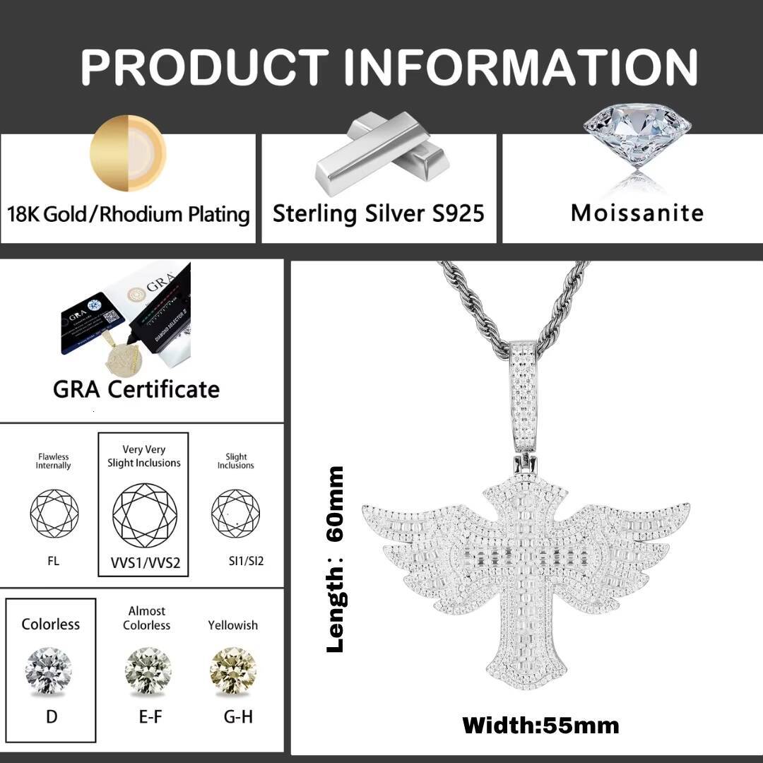 Iced Out Hip Hop Mens Sparkling Necklace 925 Silver Moissanite Winged Cross Pendant Pass Diamond Tester with GRA Certificate