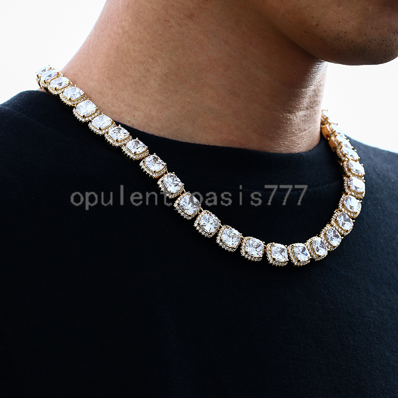 Wholesale Hip Hop Jewelry 11mm Gold Plated Brass Cushion Cut moissanite Diamond Iced Out Tennis Chain Men Necklace