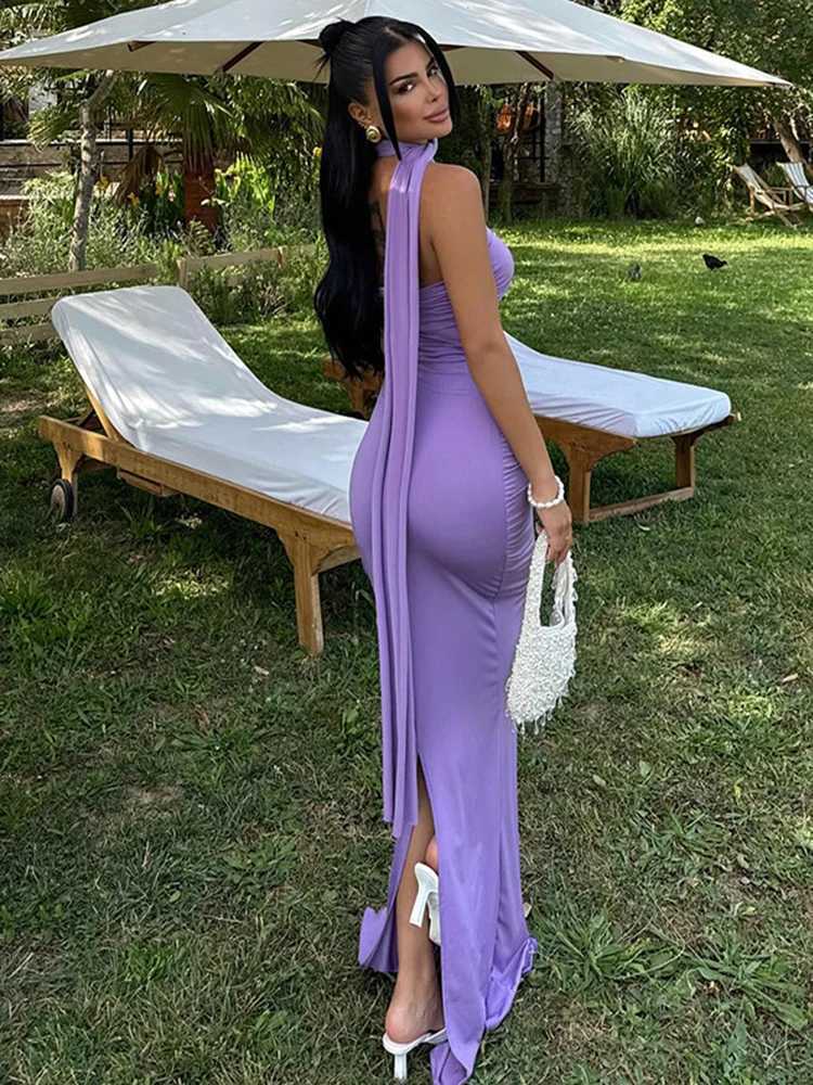 Elegant strapless pleated shoulder slanted collar sleeveless backless sexy summer party vacation club womens Maxi dress W250430