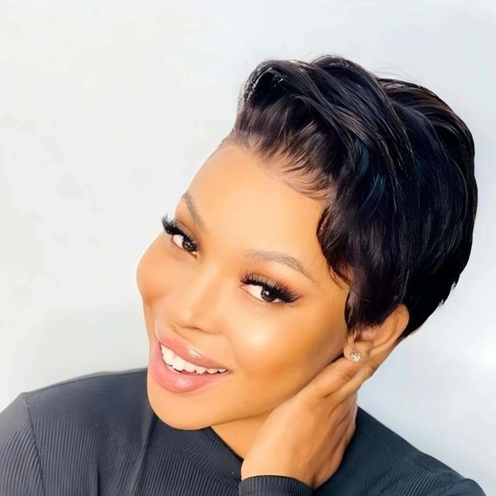 YIHANGDA Bob Short Front Wigs for Black Women Human Hair Pixie Cut Pre Plucked T Part Lace Wig with baby hair 1B Color