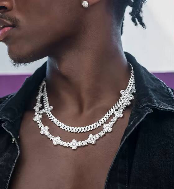 2024 New Arrival Silver Plated Iced Out Bling Fashion Jewelry for Hip Hop Men Women Choker Cross Leaf Tennis Chain Necklace