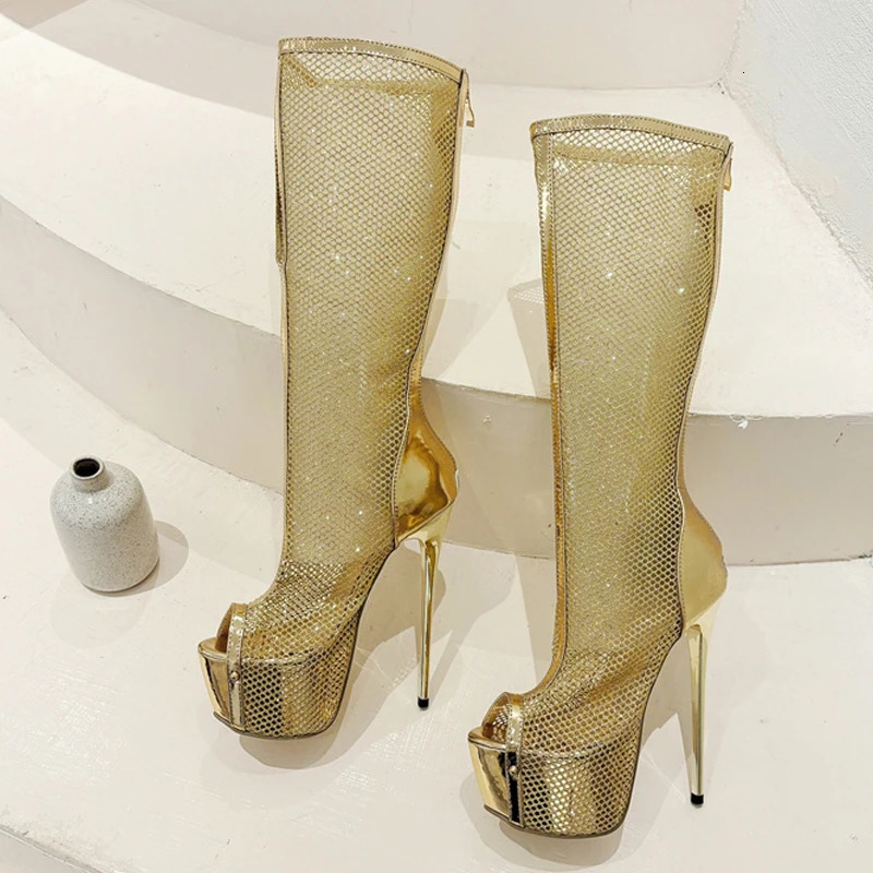 Liyke Sexy Peep Toe Gold Heels Stripper Pole Dance Platform Boots For Women Zip Fashion Mesh Knee High Shoes Female Botas Mujer 250428