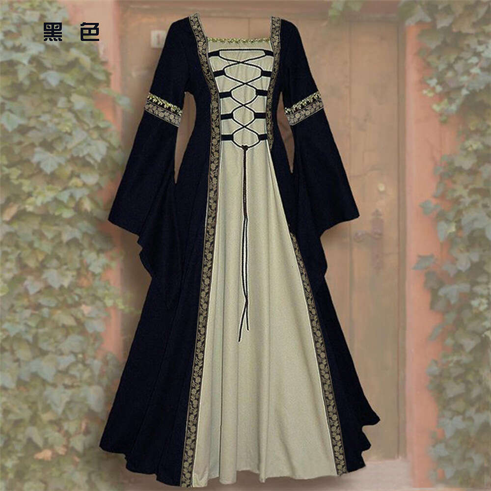Hot selling European and American square collar sleeved trumpet sleeve lace up long dress Gothic retro women's 2025 new style chic elegant clothi
