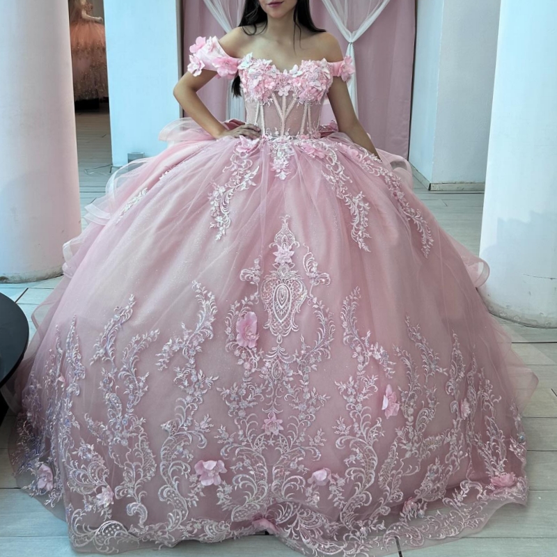 Pink Princess Quinceanera Dresses Off Shoulder Applique Flower Beads Tull Sweet 16 Dress Ball Gown Vestidos 15 Anos
