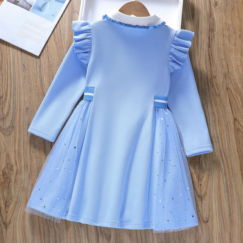 DISNEY Frozen girls' autumn and spring polo dress children's long-sleeved princess dress baby Elsa polo dress.
