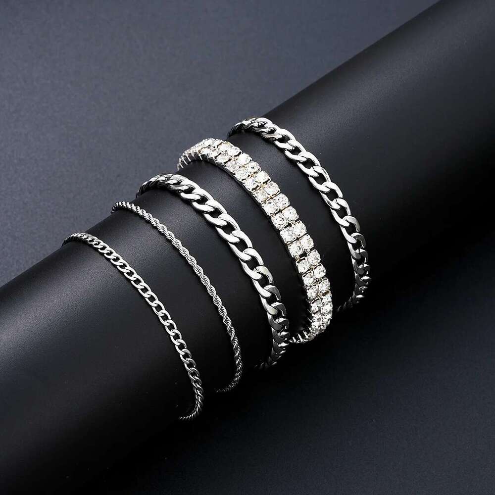 Sier Color Punk Stainless Steel Cross Jewelry Set For Women Men Hiphop Twisted Necklaces Crystal Bracelets Chain Ring Fashion