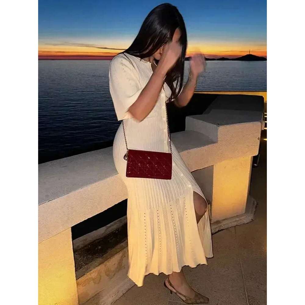 TRAF Women's Knitted Fishtail Long Dress New Round Neck Single-Breasted Cardigan Sexy Slim Dress Elegant Women's Clothing