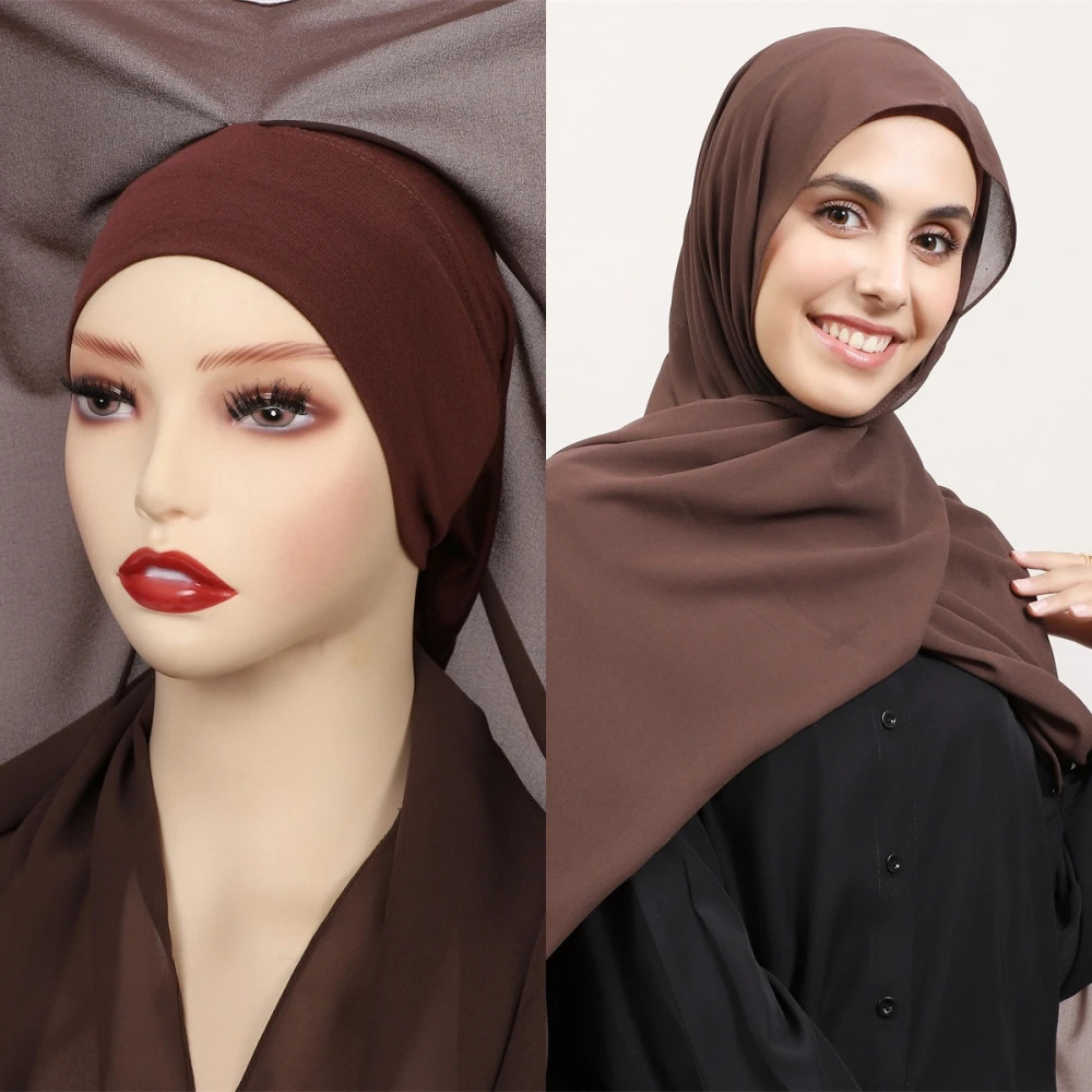 Premium Instant Chiffon Hijab With Bulit-in Magnets Solid Color Easy To Wear Shawl Wrap with Undercap for Muslim Women 250420