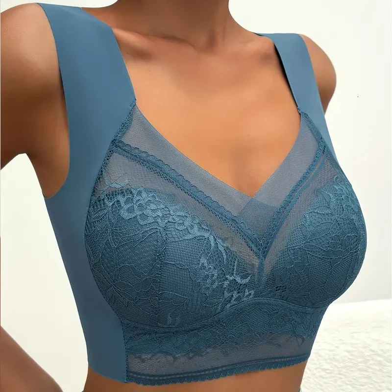 Womens lace bra perspective Bralette push up ice silk deep V sexy lingerie top plus size cup mom L5XL 250430