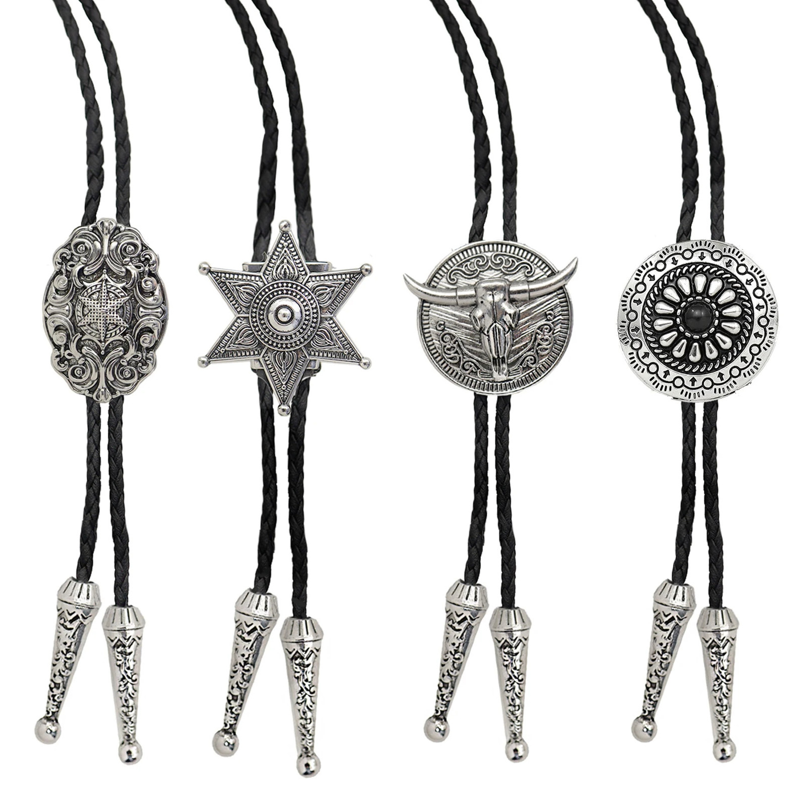 Vintage Western Cowboy Bolo Tie for Men Star Bull Circular Cross Pendant Black Leather Rope Necktie Women Necklace Accessories 250430