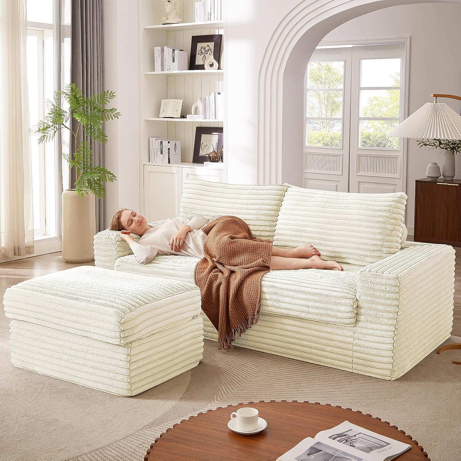 92'' Cloud Couch, Modular Sectional Sofa with Ottoman, Modern Convertible L Shaped Couches Upholstered Corduroy Boneless Couches for Living 