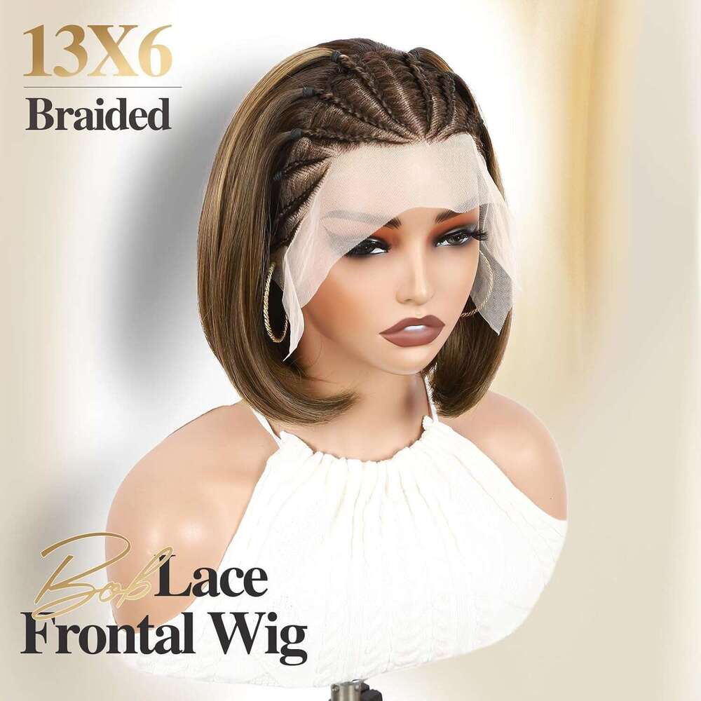 WIGER Highlighted Frontal 13x4 for Black Women Glueless Hair Wig Braided Front with Cornrow 12 Inch Synthetic Full Lace Straight Bob Wigs