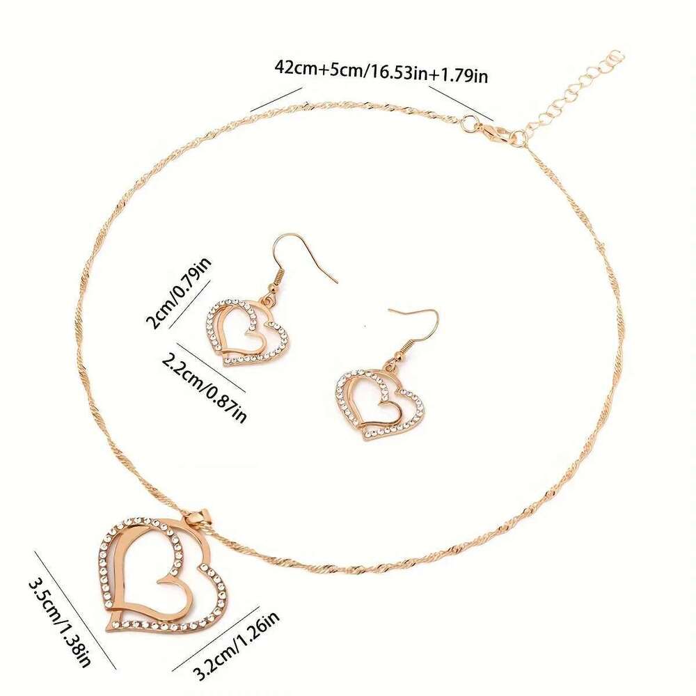 Sparkling Rhinestone Double-Layer Hollow Heart-Shaped Pendant Necklace Women's Temperament Versatile Jewelry Set