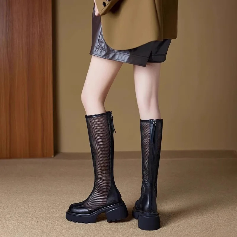 Boots Women Heel Knee-length Platform Women Female Round Toe Zipper Sandals Mesh Ladies Fashion Comfort Shoes Zapatos De Mujer 250428