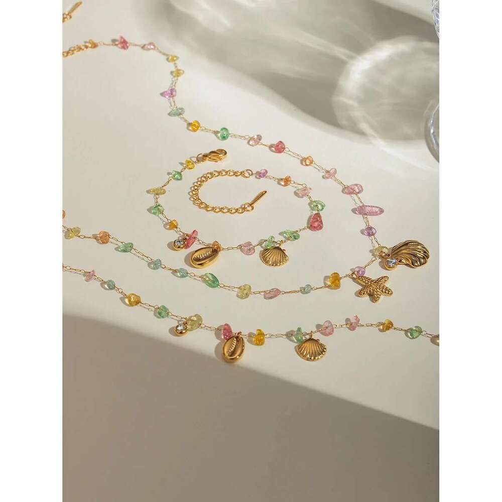 Gold Plated Stainless Steel Colored Crushed Stone Shell Starfish Rhinestone Necklace Anklet Bracelet Chain Beach Jewelry Set