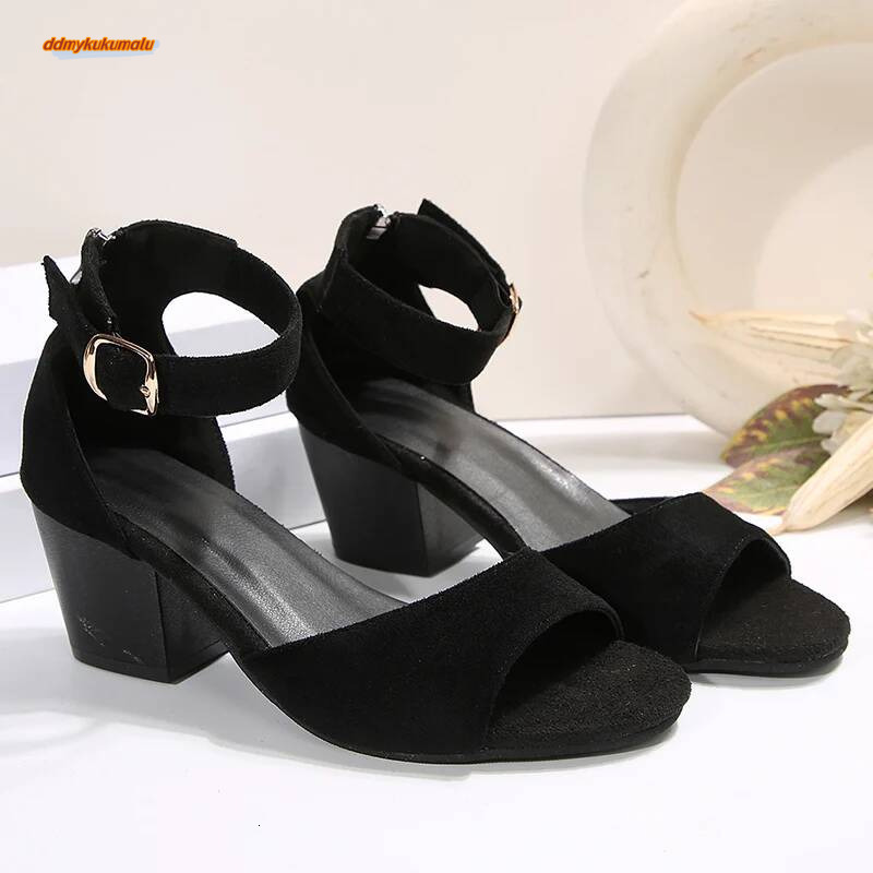 Office Ladies High Peep Women Plus Size Anckle Strap Black Sandals Woman Casual Cover Heel Open Toe Sandal Mujer ddmykukumalu