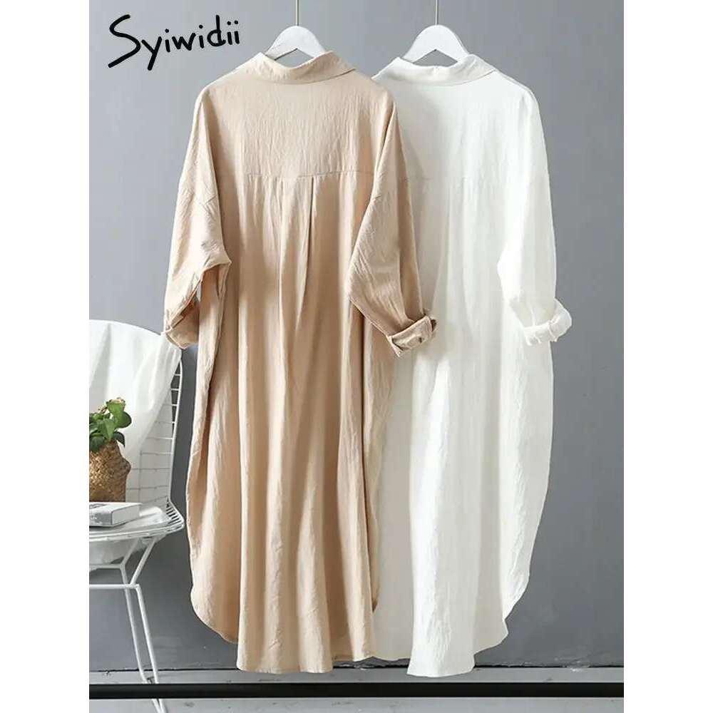 Syiwidii Long White Shirt Dress for Women Cotton Spring Fall Casual Korean Clothing Vintage Oversized Midi Robe Loose Cardigans