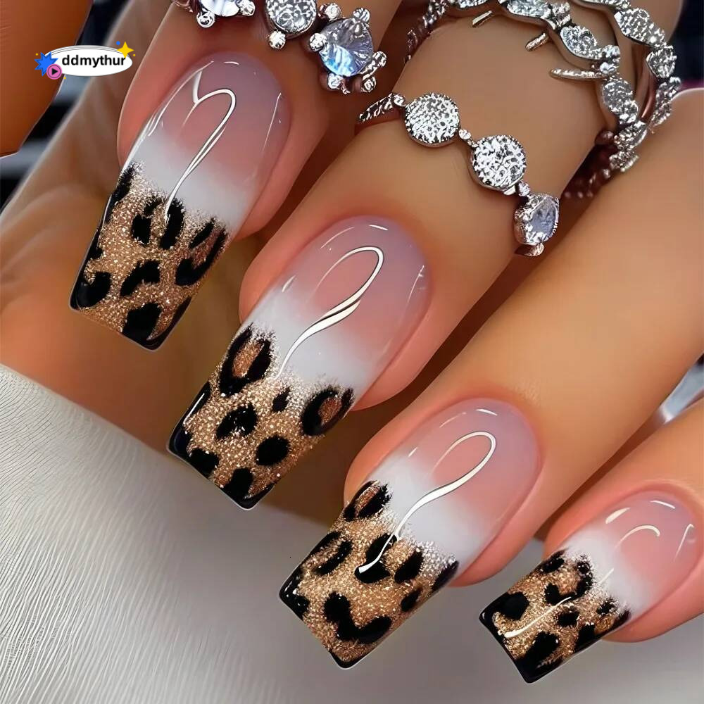 24pcs Mid-length French False Leopard Print Gradient Design Fake Nail Ballet Datachable Press on Nails Finished Manicure ddmythur