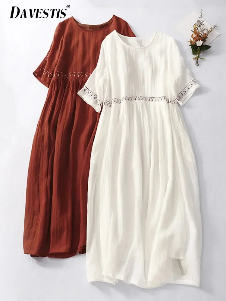 Retro cotton linen dress womens summer loose breathable embroidered dress womens round neck casual dress 250423